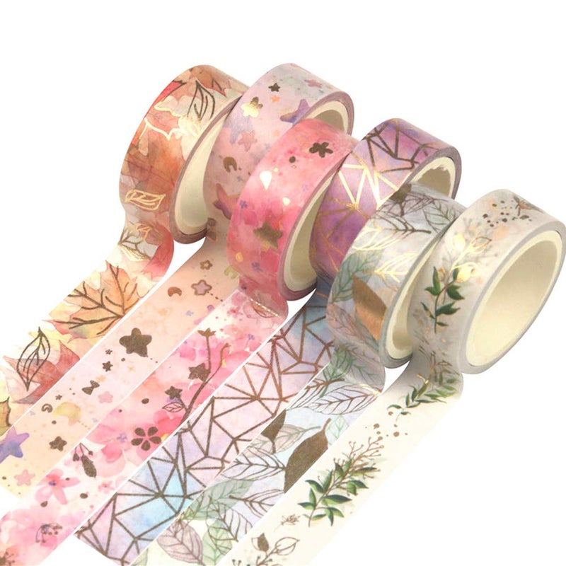 YUBBAEX Floral Gold Washi Tape Set 6 Rolls VSCO Foil Masking Tape Decorative for Arts, DIY Crafts, Journal Supplies, Planners, Scrapbook, Card/Gift Wrapping -15mm- (Romantic Flowers) - Image 1